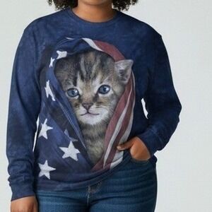 The Mountain Shirt‎ Women XXL Blue Cat Kitten American Flag Tie Dye Long Sleeve